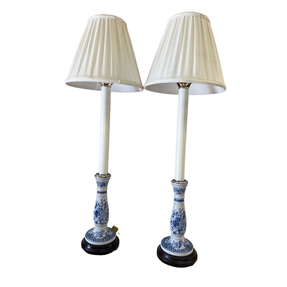 Pair Of Vintage Chinoiserie Asian Enameled Candlestick Lamps Wood Base - TESTED